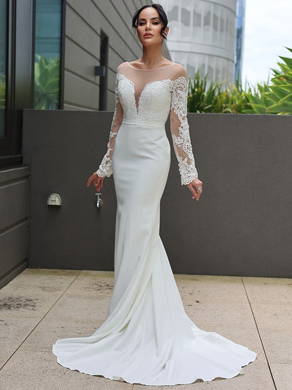 Wholesale Sheath/Column Stretch Crepe Lace Scoop Long Sleeves Sweep/Brush Train Wedding Dresses